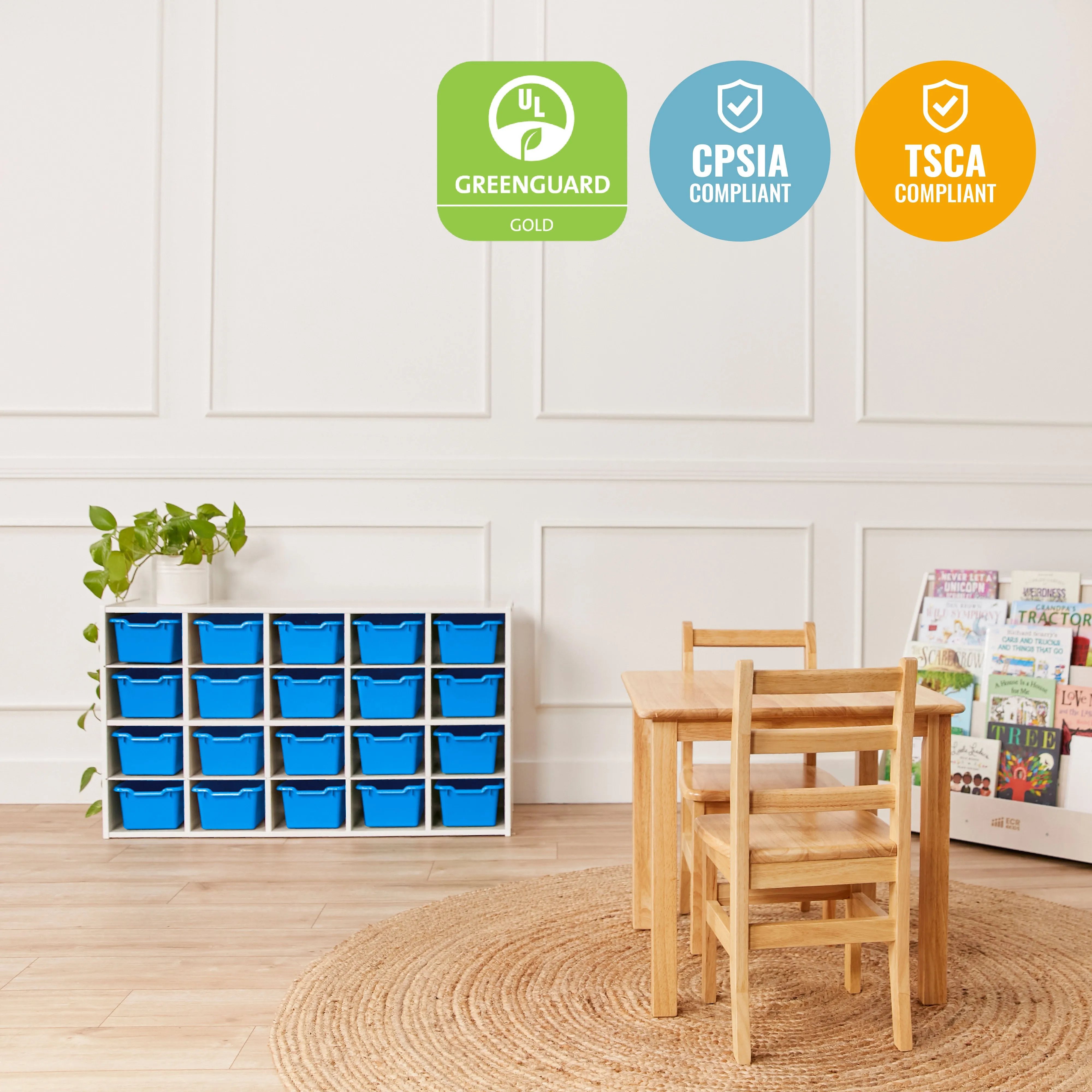 Streamline 20 Cubby Tray Storage Cabinet with Scoop Front Storage Bins, 4x5, White Wash