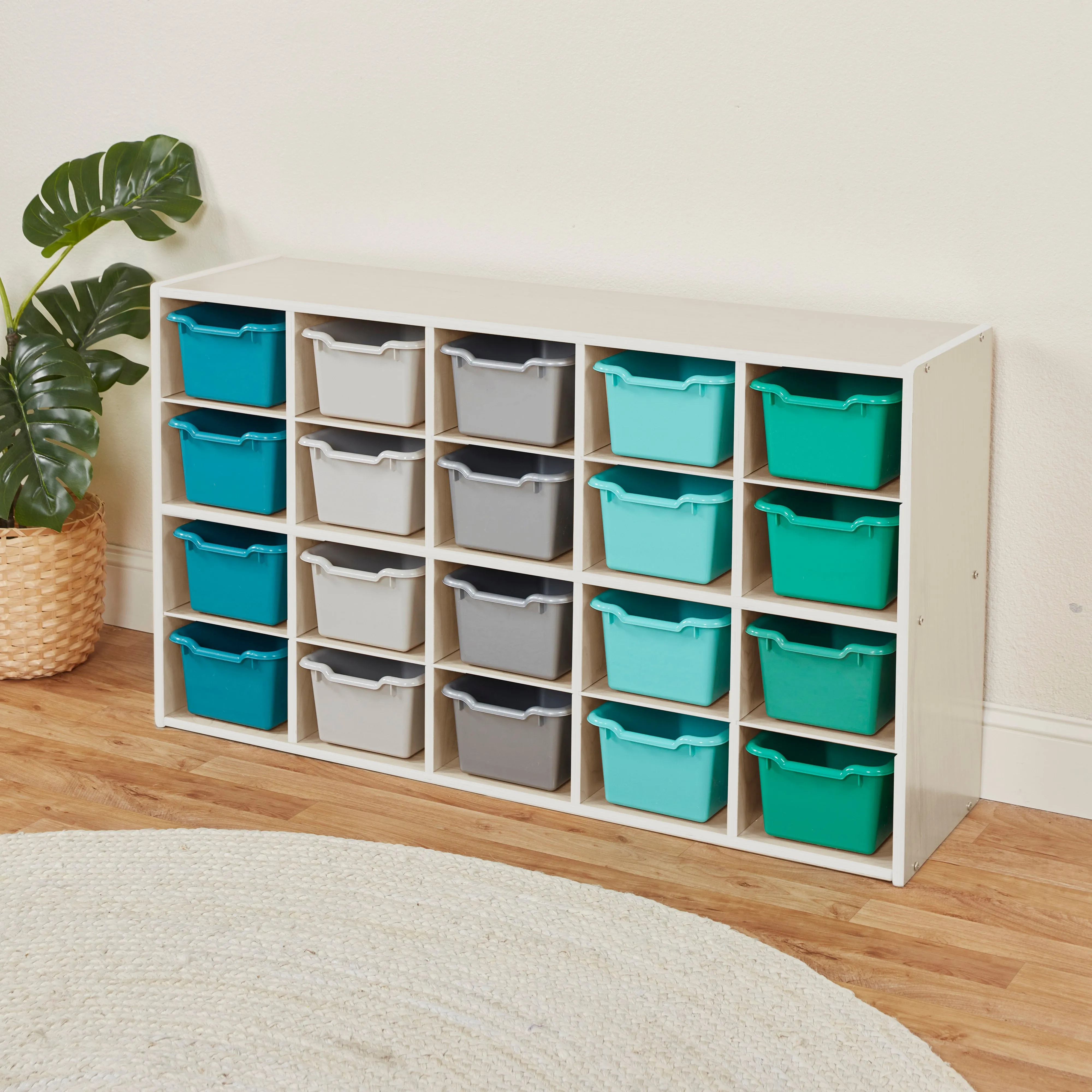 Streamline 20 Cubby Tray Storage Cabinet with Scoop Front Storage Bins, 4x5, White Wash