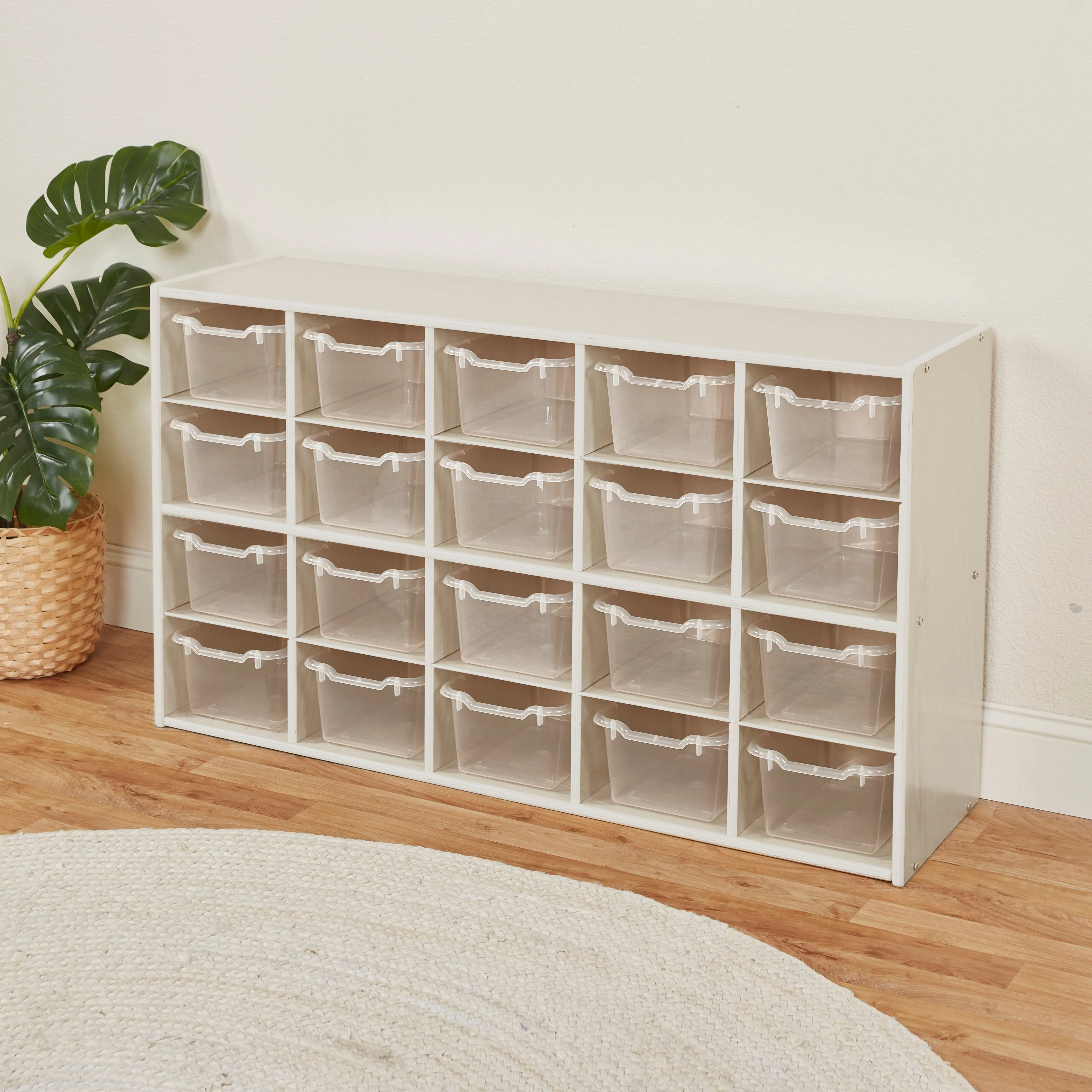 Streamline 20 Cubby Tray Storage Cabinet with Scoop Front Storage Bins, 4x5, White Wash