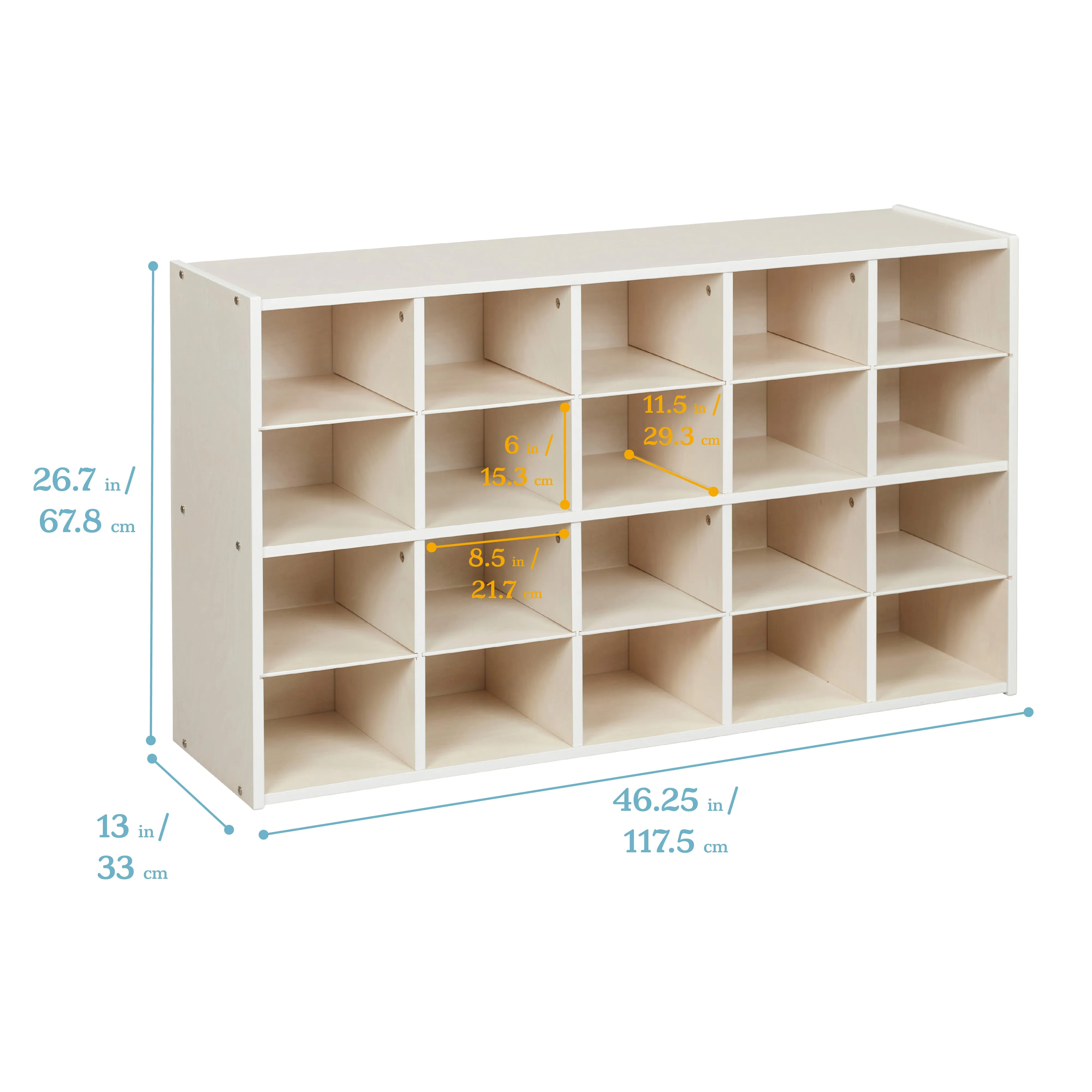 Streamline 20 Cubby Tray Storage Cabinet with Scoop Front Storage Bins, 4x5, White Wash