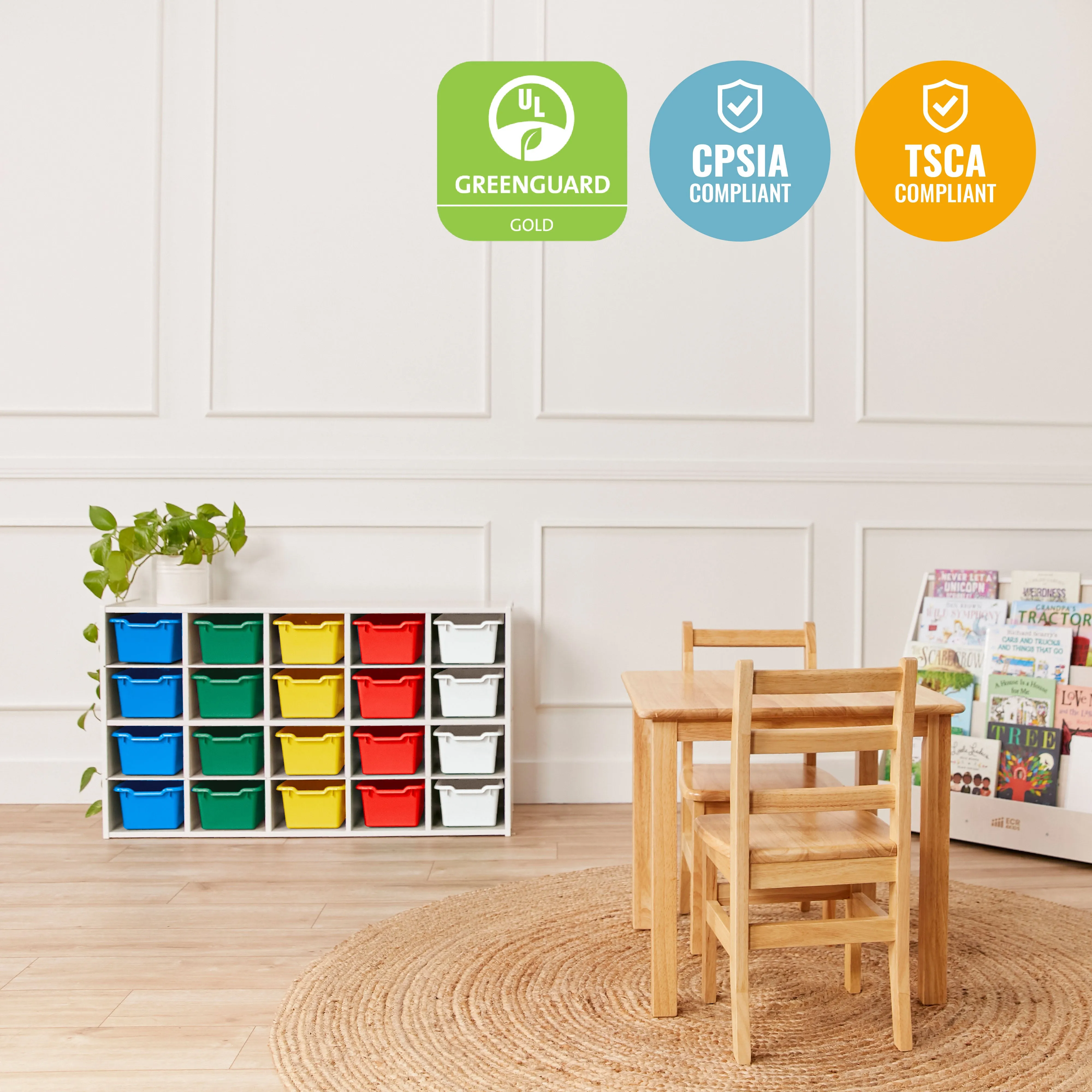 Streamline 20 Cubby Tray Storage Cabinet with Scoop Front Storage Bins, 4x5, White Wash