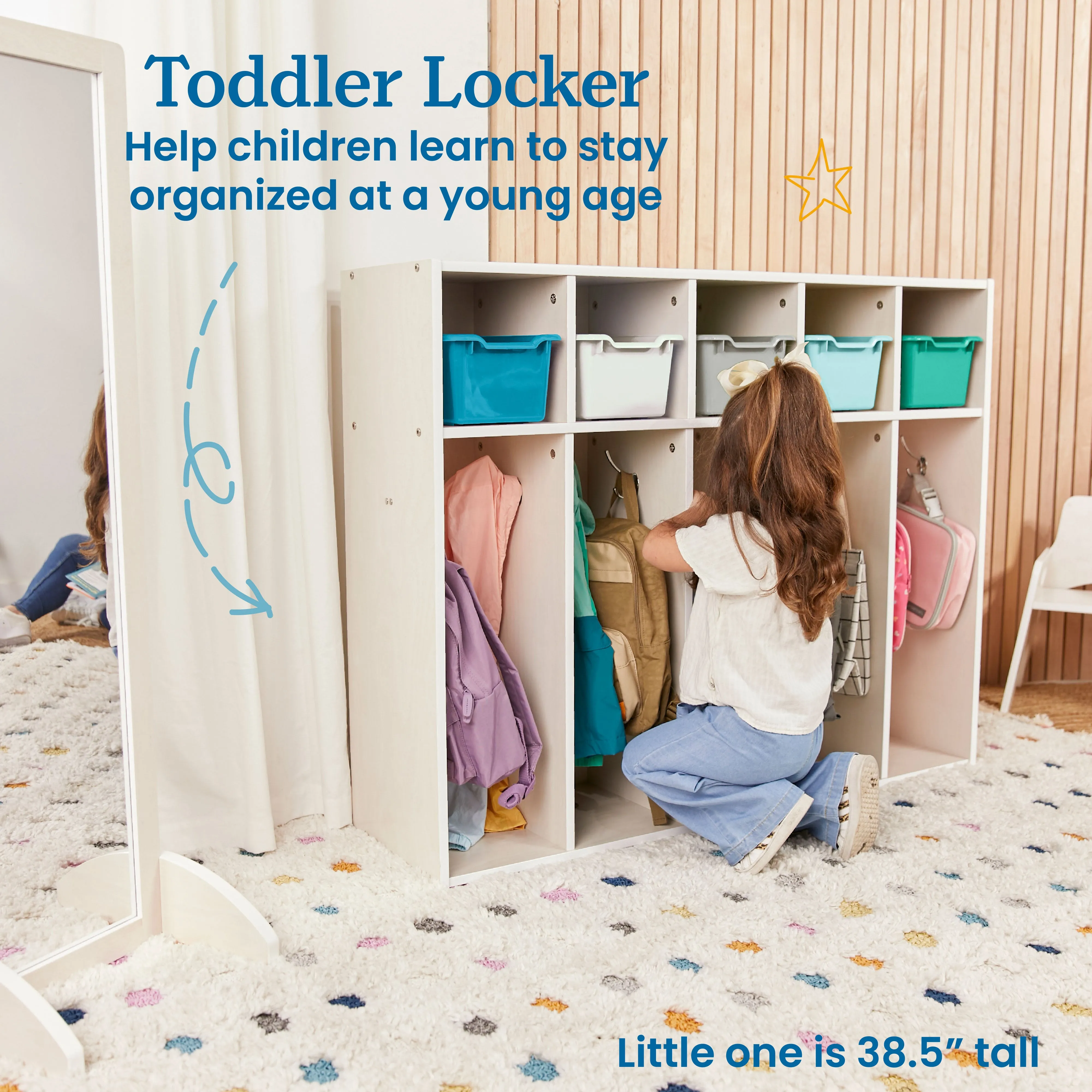 Streamline 5-Section Coat Locker with Scoop Front Storage Bins, Toddler Size, White Wash