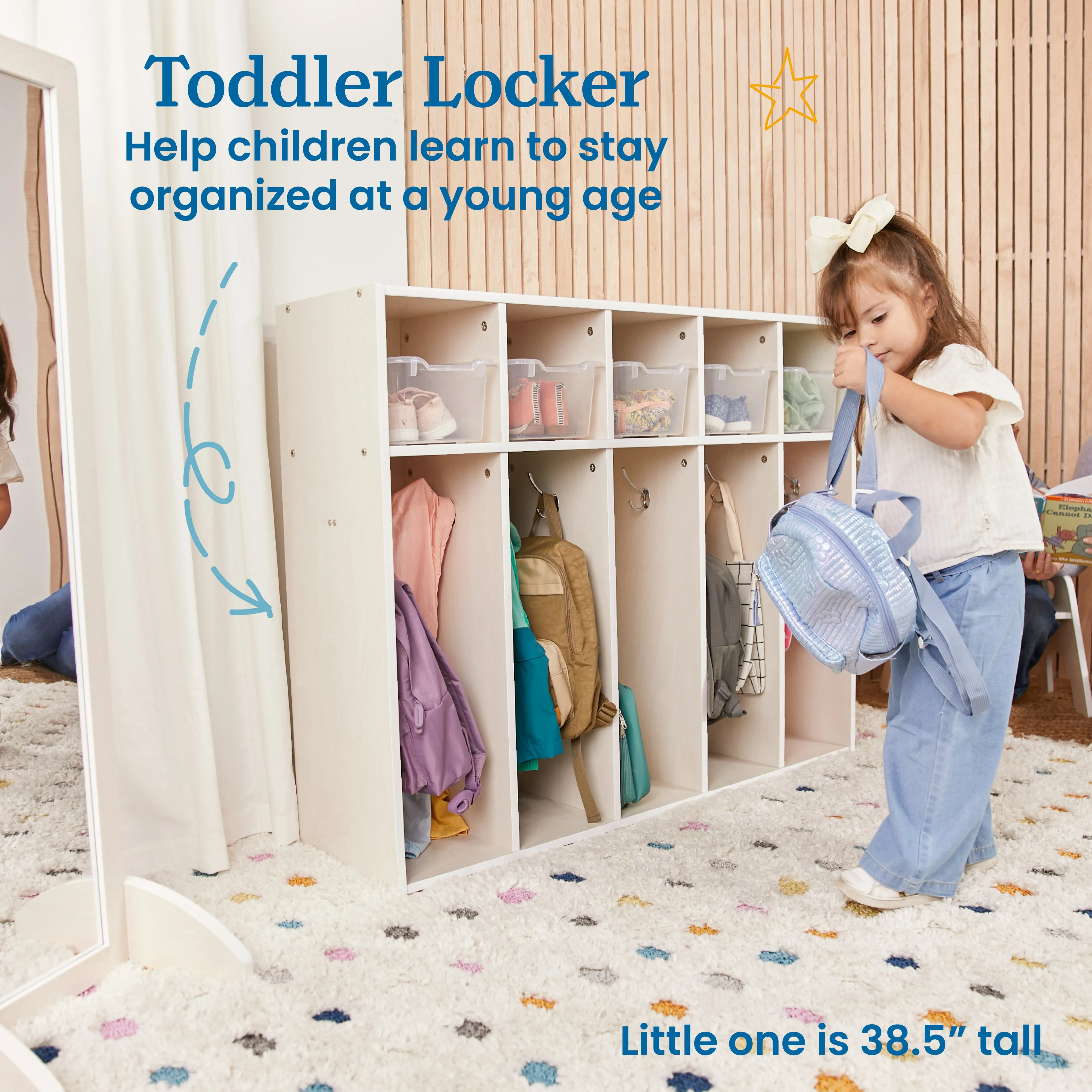 Streamline 5-Section Coat Locker with Scoop Front Storage Bins, Toddler Size, White Wash