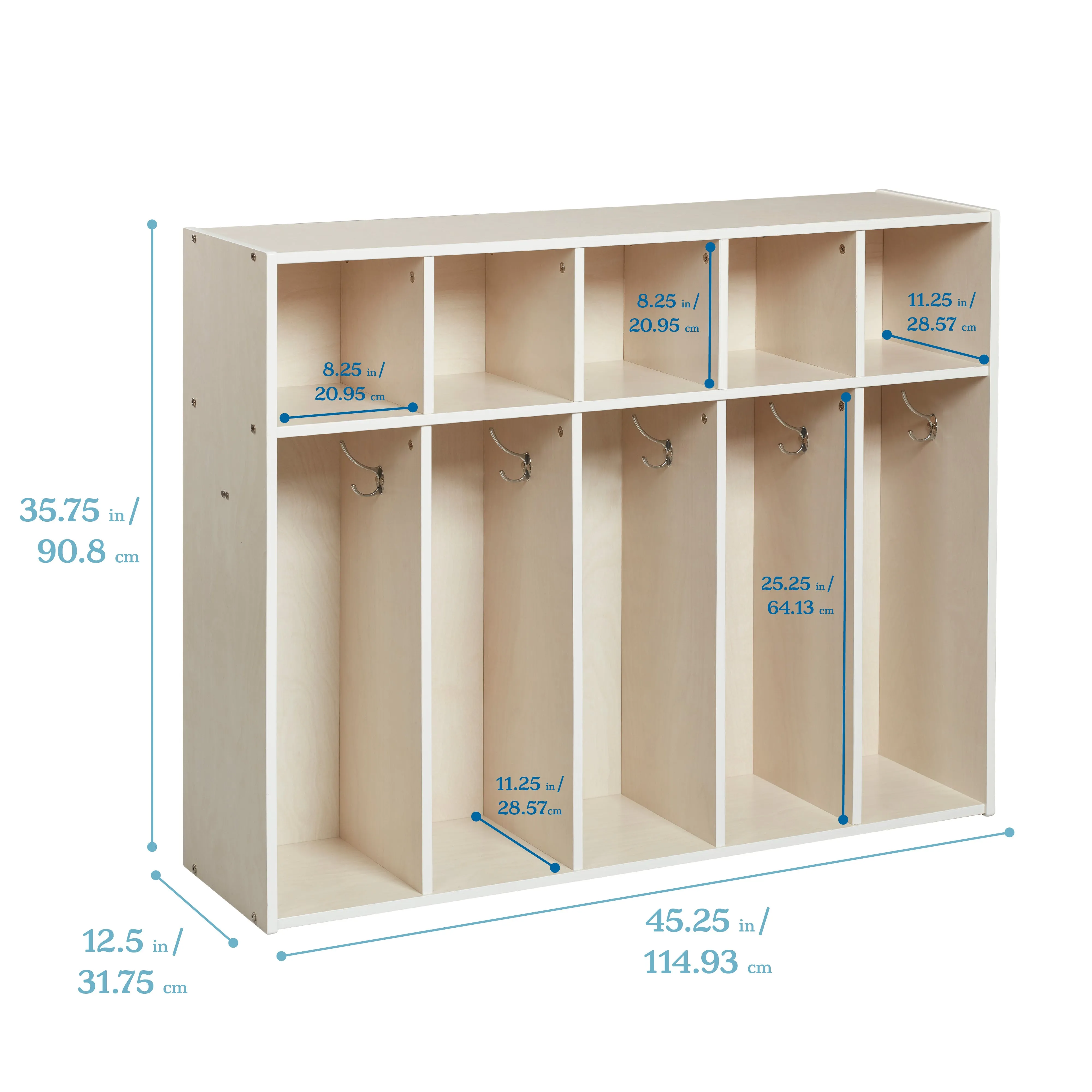 Streamline 5-Section Coat Locker with Scoop Front Storage Bins, Toddler Size, White Wash
