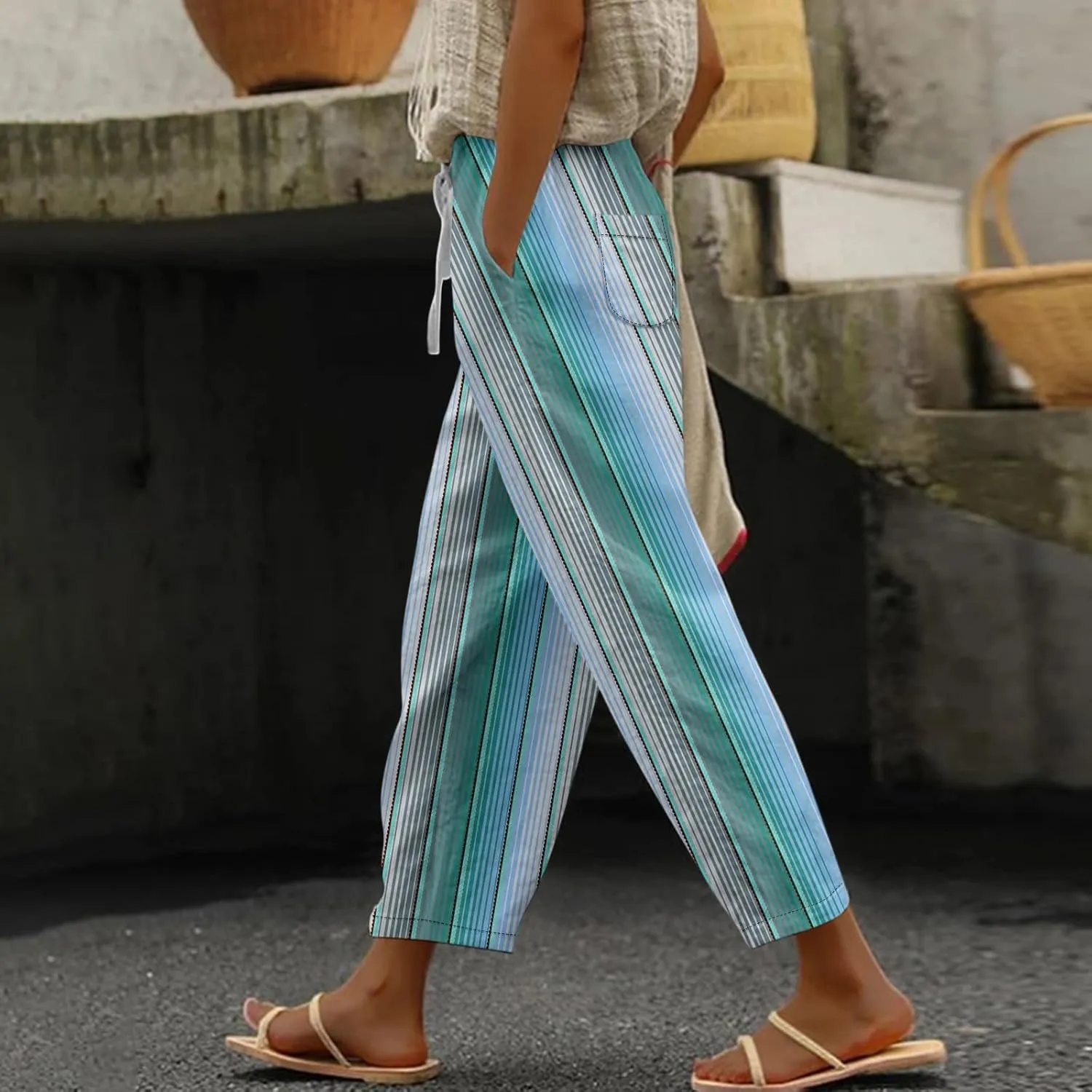 Striped Linen Pants Women Elastic Waist Trendy Drawstring Capri Pants Casual Loose Summer Beach Trouser