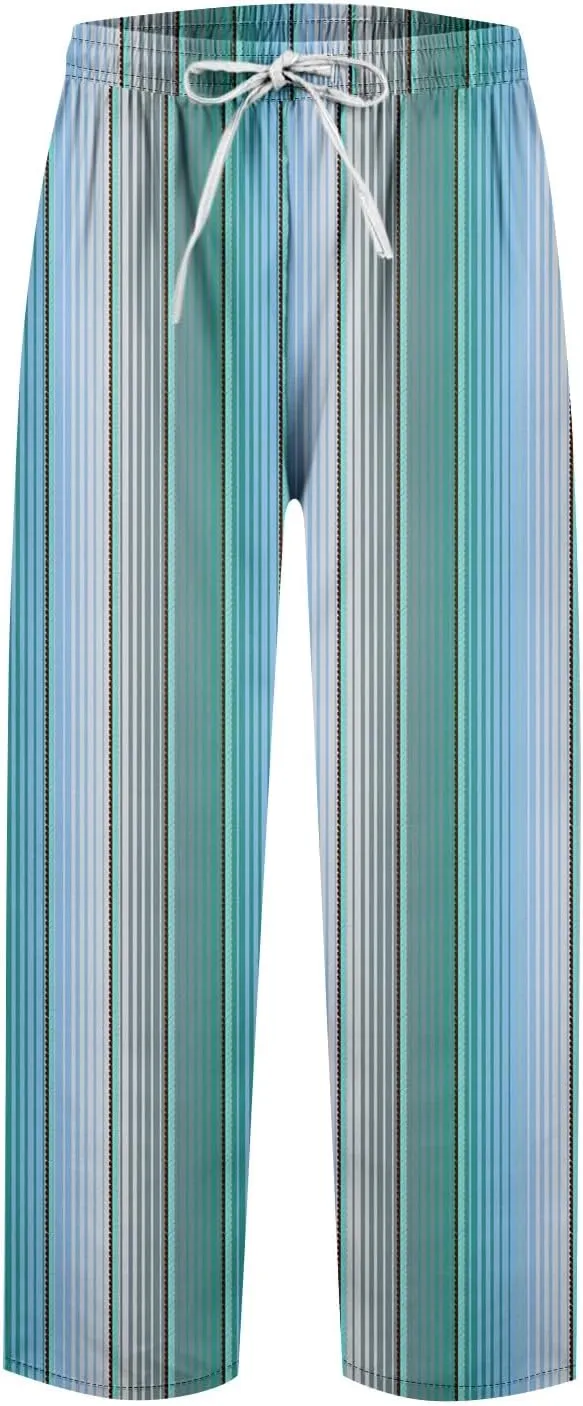 Striped Linen Pants Women Elastic Waist Trendy Drawstring Capri Pants Casual Loose Summer Beach Trouser