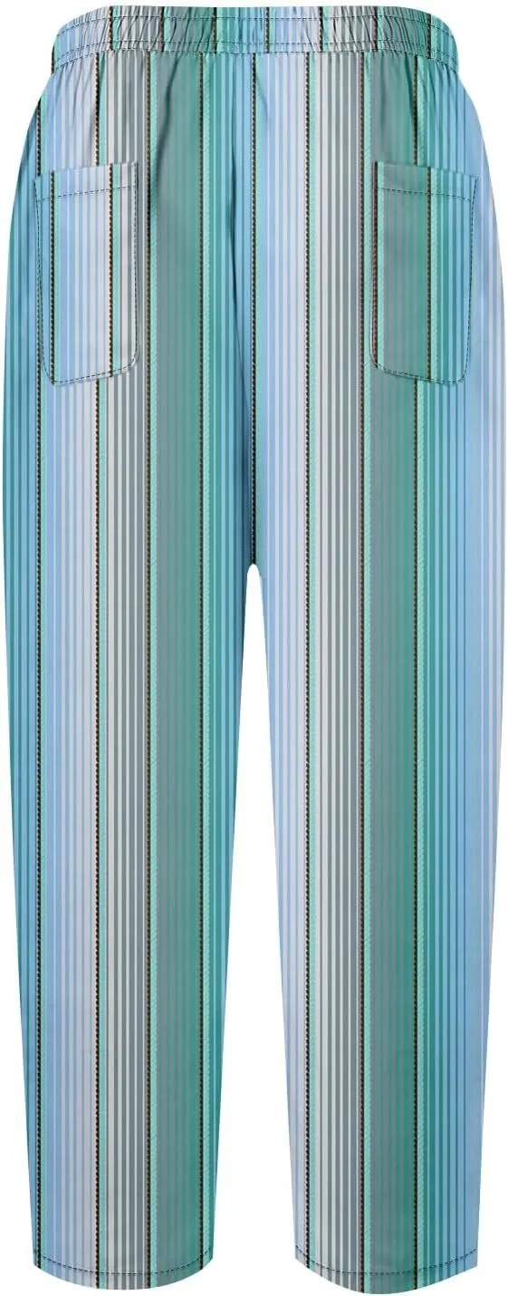 Striped Linen Pants Women Elastic Waist Trendy Drawstring Capri Pants Casual Loose Summer Beach Trouser
