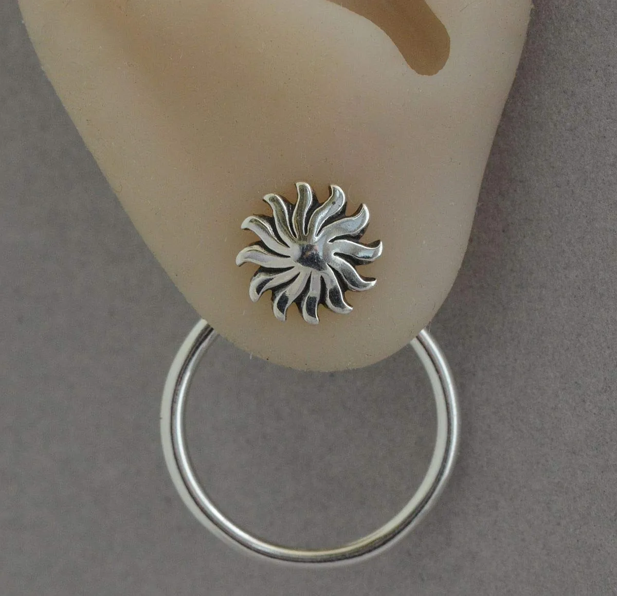 Sun stud front back ear jackets hammered hoop earrings two sided sterling silver jewelry (Celestial Sun earrings)