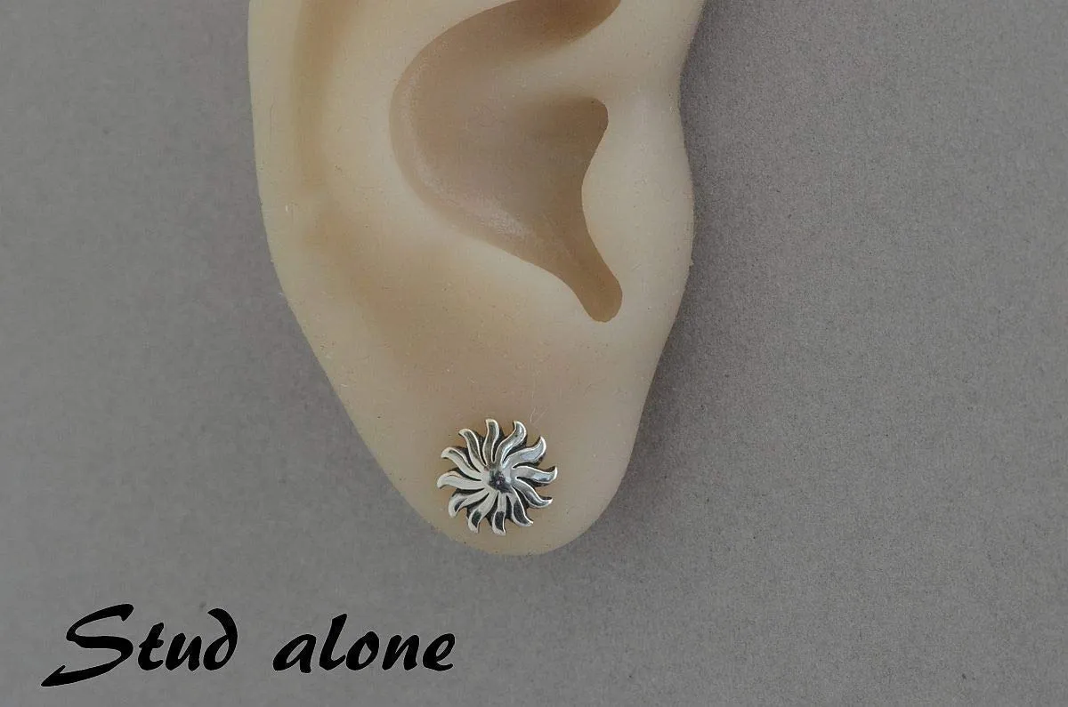 Sun stud front back ear jackets hammered hoop earrings two sided sterling silver jewelry (Celestial Sun earrings)