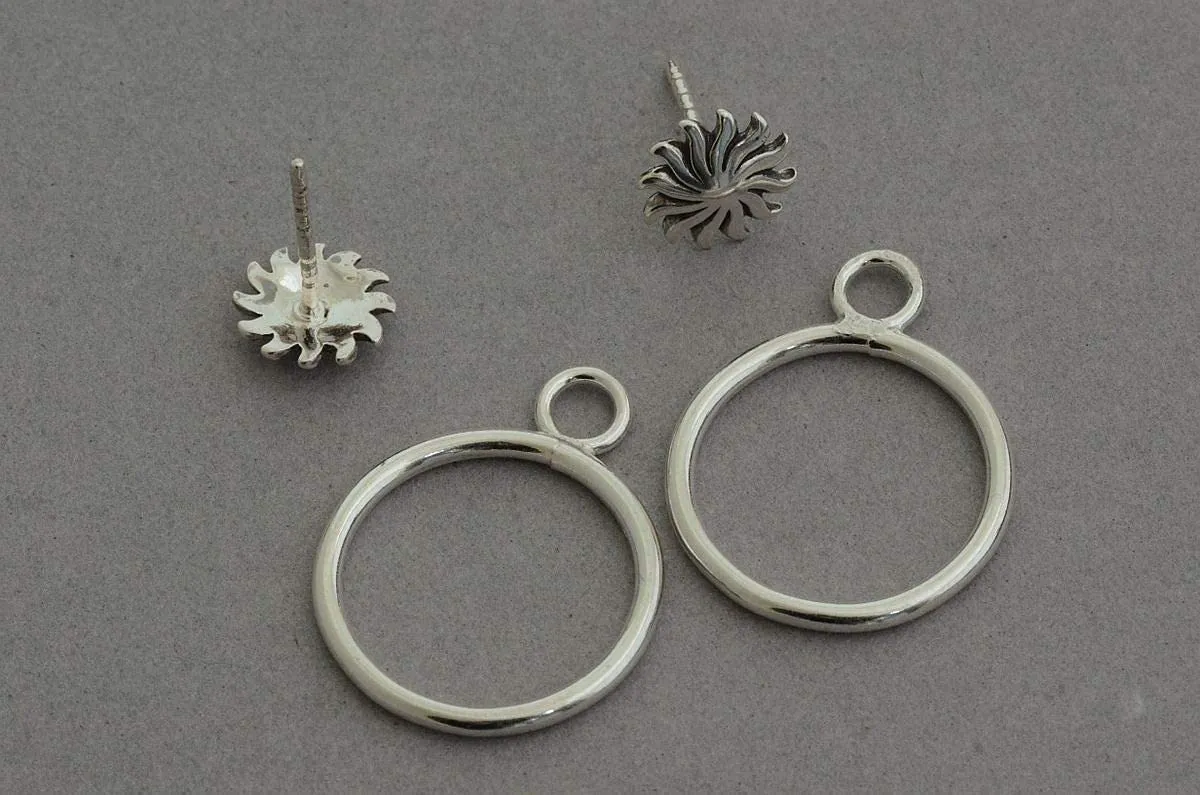 Sun stud front back ear jackets hammered hoop earrings two sided sterling silver jewelry (Celestial Sun earrings)