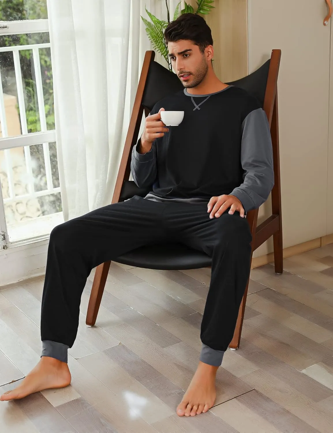 Sykooria Men's Pajamas Set Long Sleeve Cotton Plaid Loungewear Comfy Striped Sleepwear with Pockets 2 Piece Comfy Pjs Set