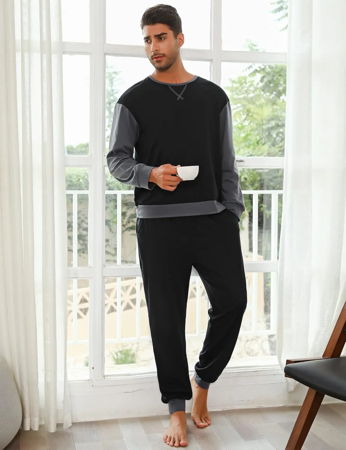 Sykooria Men's Pajamas Set Long Sleeve Cotton Plaid Loungewear Comfy Striped Sleepwear with Pockets 2 Piece Comfy Pjs Set