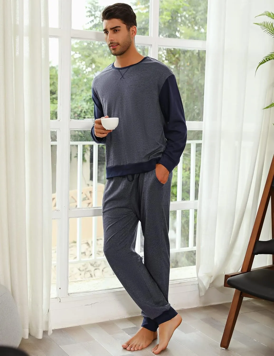 Sykooria Men's Pajamas Set Long Sleeve Cotton Plaid Loungewear Comfy Striped Sleepwear with Pockets 2 Piece Comfy Pjs Set