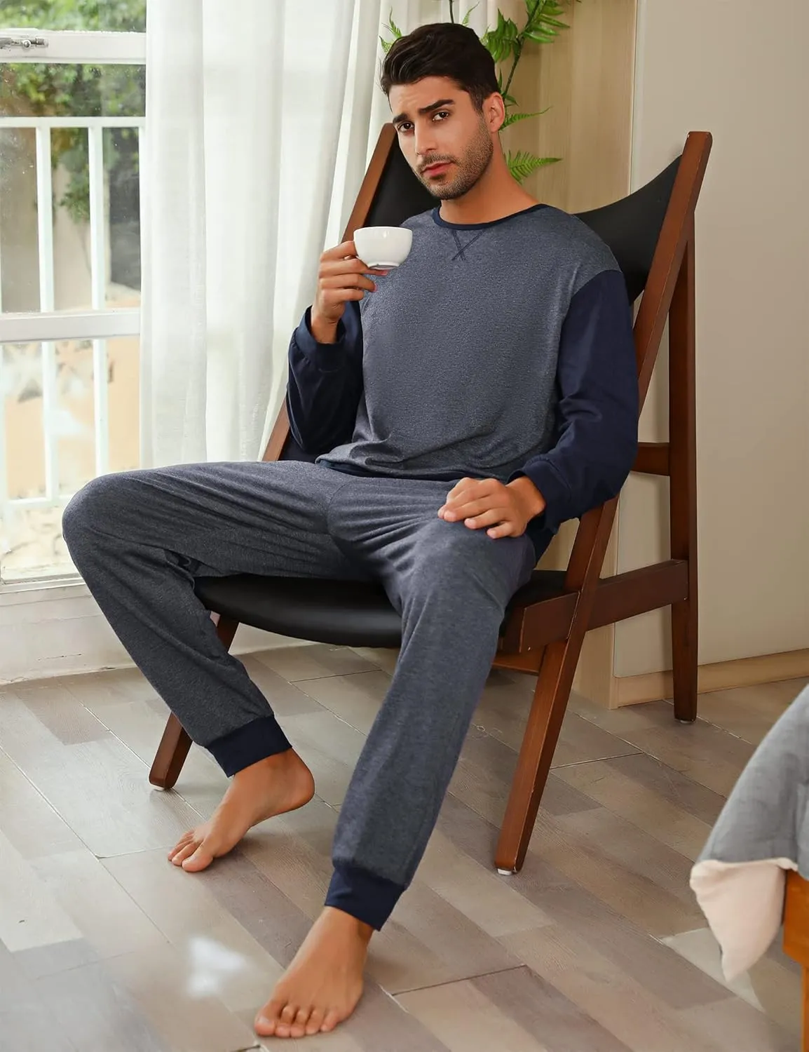 Sykooria Men's Pajamas Set Long Sleeve Cotton Plaid Loungewear Comfy Striped Sleepwear with Pockets 2 Piece Comfy Pjs Set