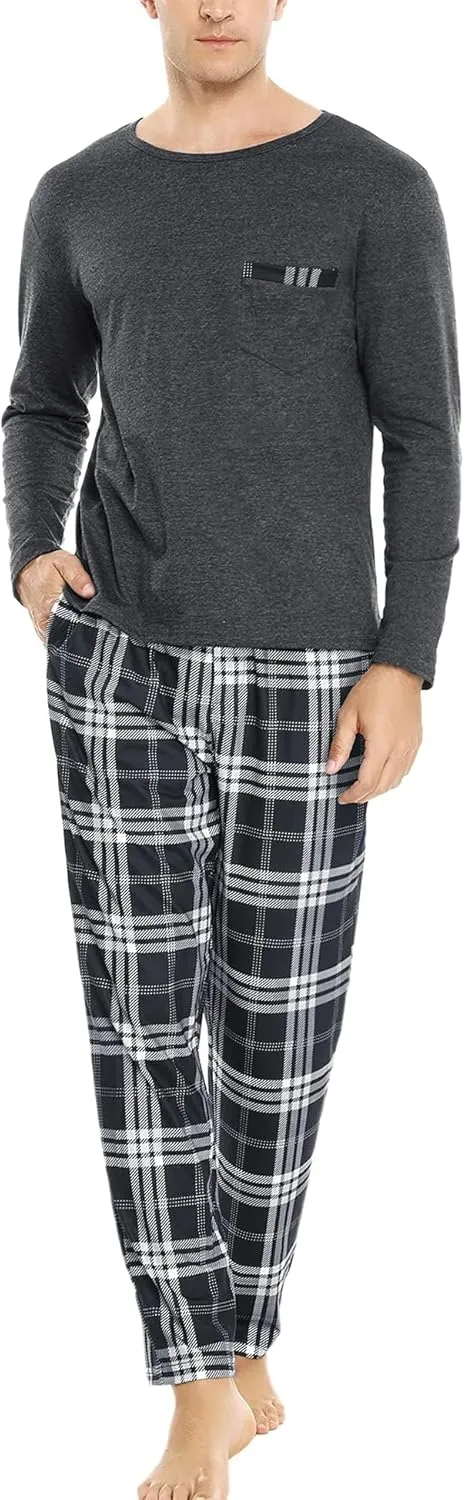 Sykooria Men's Pajamas Set Long Sleeve Cotton Plaid Loungewear Comfy Striped Sleepwear with Pockets 2 Piece Comfy Pjs Set