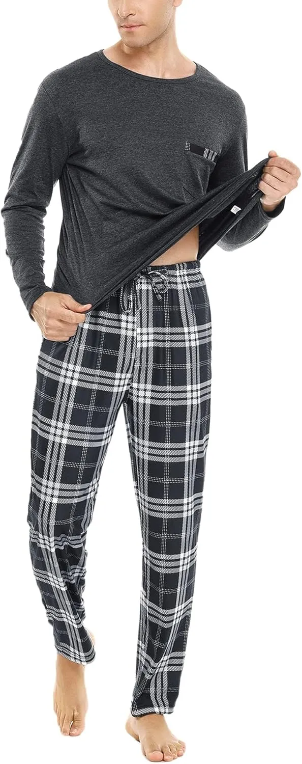 Sykooria Men's Pajamas Set Long Sleeve Cotton Plaid Loungewear Comfy Striped Sleepwear with Pockets 2 Piece Comfy Pjs Set