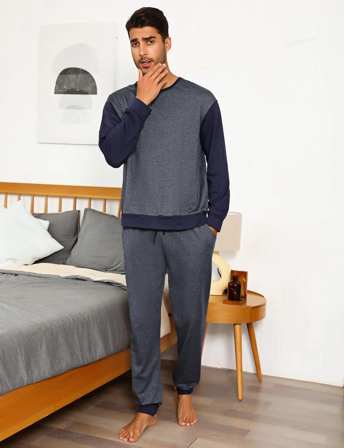 Sykooria Men's Pajamas Set Long Sleeve Cotton Plaid Loungewear Comfy Striped Sleepwear with Pockets 2 Piece Comfy Pjs Set