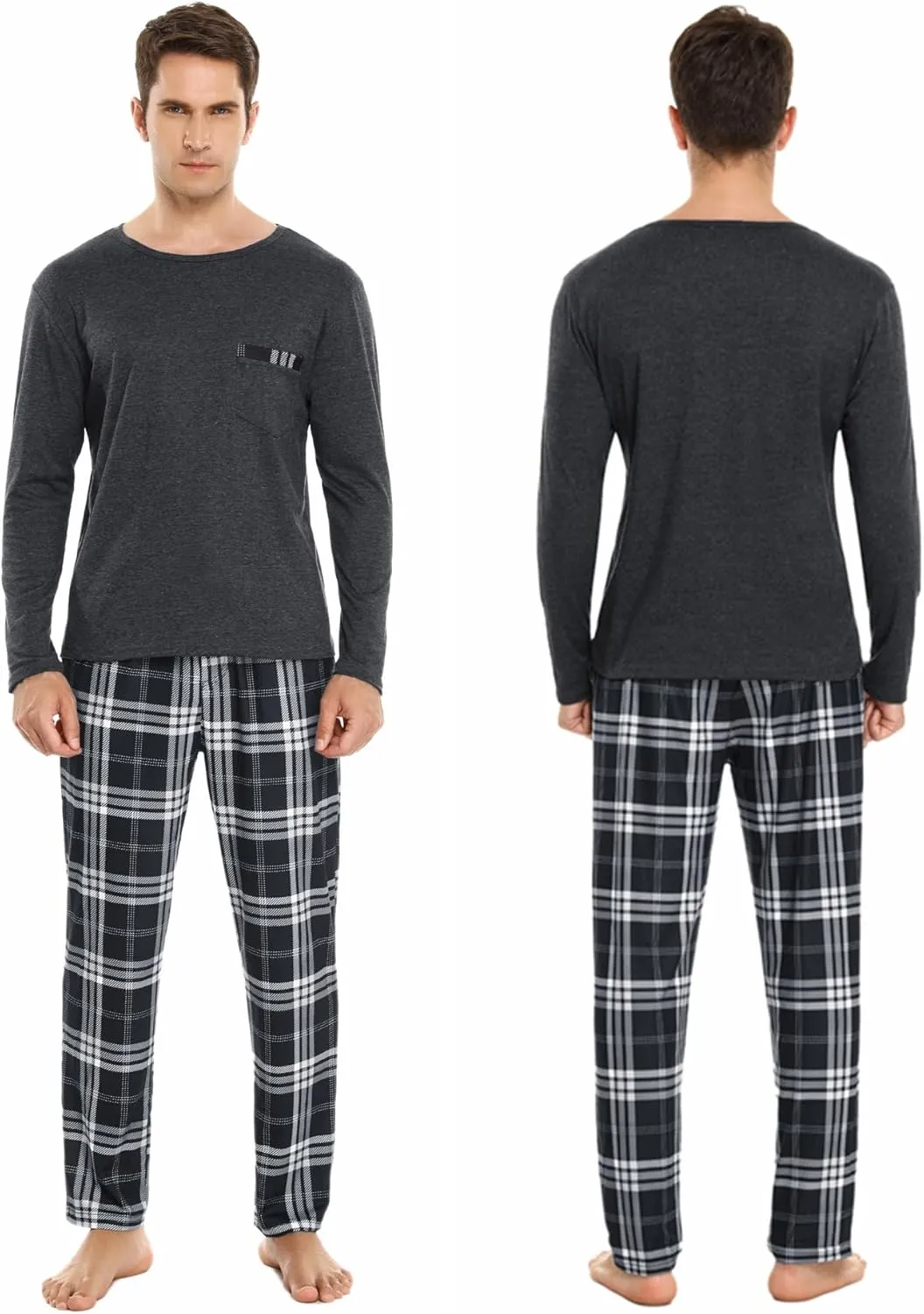 Sykooria Men's Pajamas Set Long Sleeve Cotton Plaid Loungewear Comfy Striped Sleepwear with Pockets 2 Piece Comfy Pjs Set