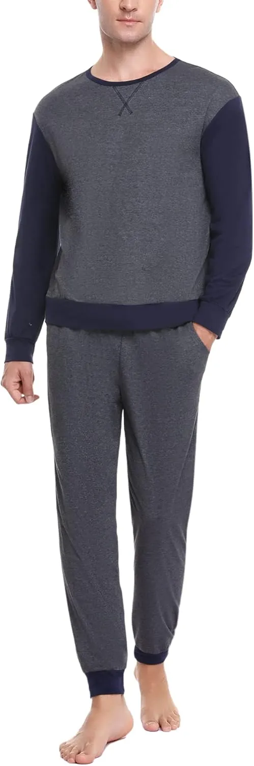 Sykooria Men's Pajamas Set Long Sleeve Cotton Plaid Loungewear Comfy Striped Sleepwear with Pockets 2 Piece Comfy Pjs Set