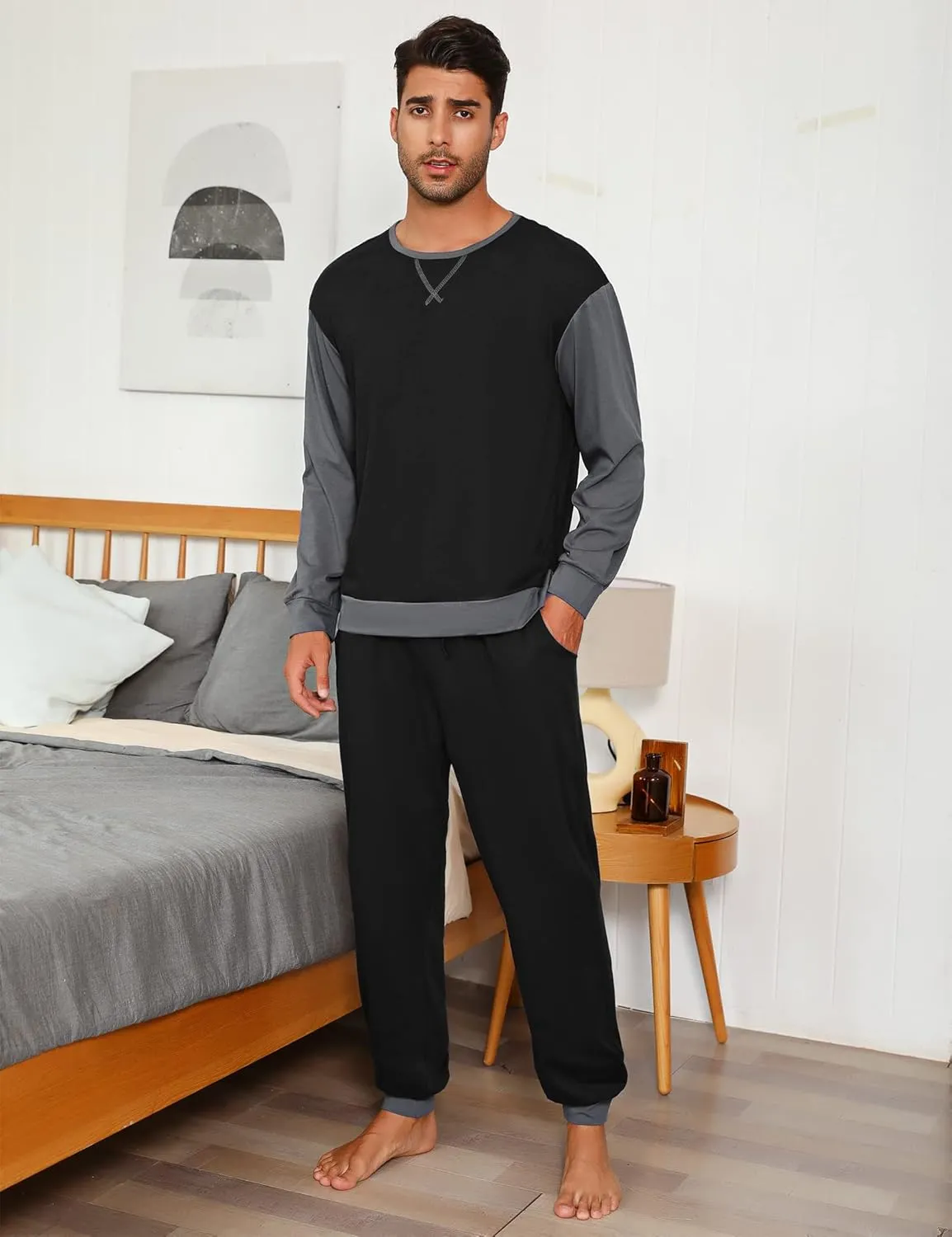 Sykooria Men's Pajamas Set Long Sleeve Cotton Plaid Loungewear Comfy Striped Sleepwear with Pockets 2 Piece Comfy Pjs Set
