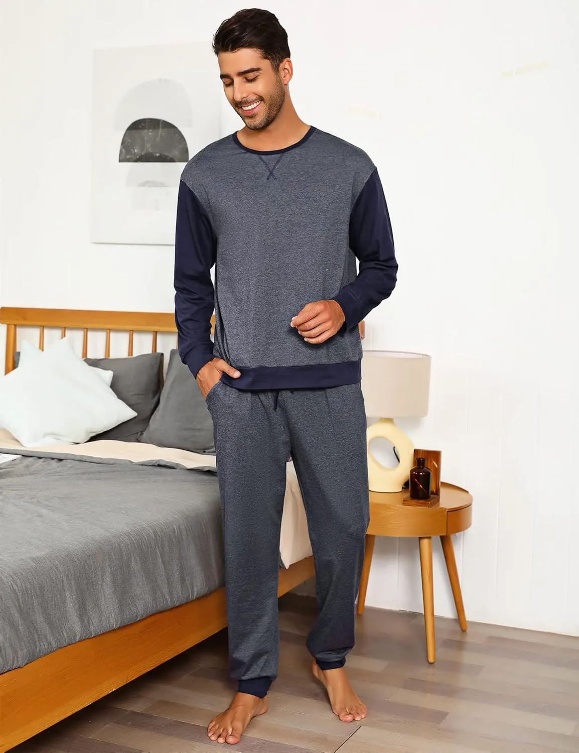 Sykooria Men's Pajamas Set Long Sleeve Cotton Plaid Loungewear Comfy Striped Sleepwear with Pockets 2 Piece Comfy Pjs Set