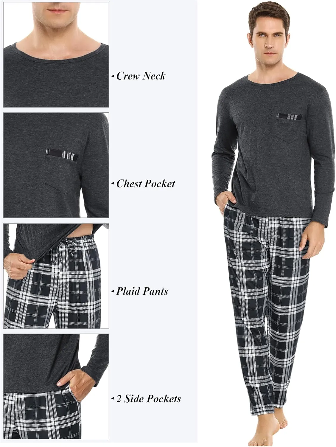 Sykooria Men's Pajamas Set Long Sleeve Cotton Plaid Loungewear Comfy Striped Sleepwear with Pockets 2 Piece Comfy Pjs Set