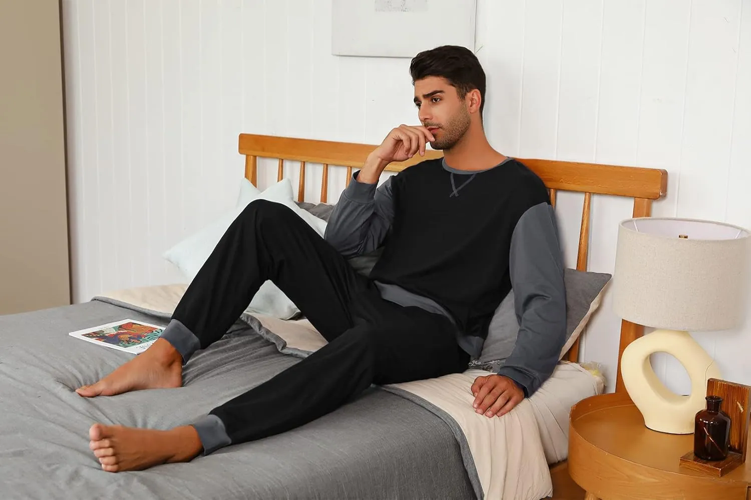 Sykooria Men's Pajamas Set Long Sleeve Cotton Plaid Loungewear Comfy Striped Sleepwear with Pockets 2 Piece Comfy Pjs Set