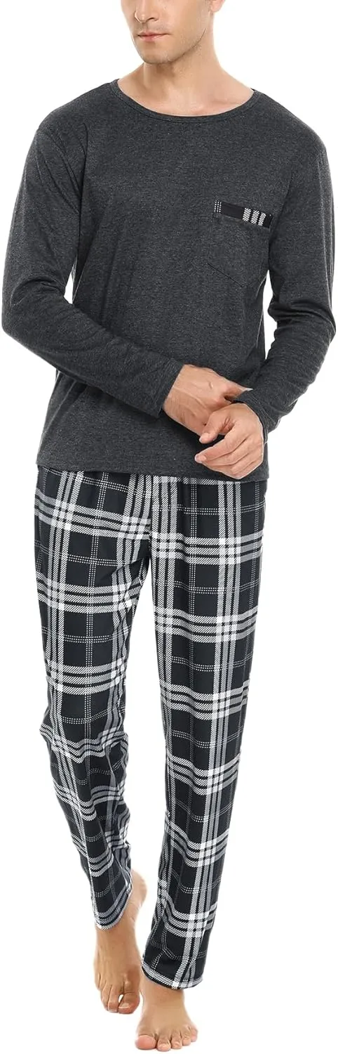 Sykooria Men's Pajamas Set Long Sleeve Cotton Plaid Loungewear Comfy Striped Sleepwear with Pockets 2 Piece Comfy Pjs Set