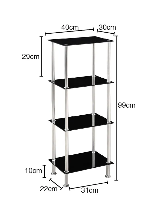 Tempered Glass Black & Clear Tier Rectangular Shelf with Chrome Frame