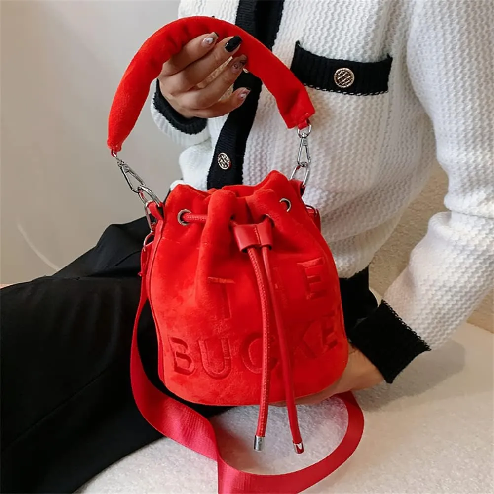 The Bucket Bag for Women, Embroidered Plush Crossbody Bag for GirlsBucket Bag PursesBlack Bucket Bag Drawstring Handbag
