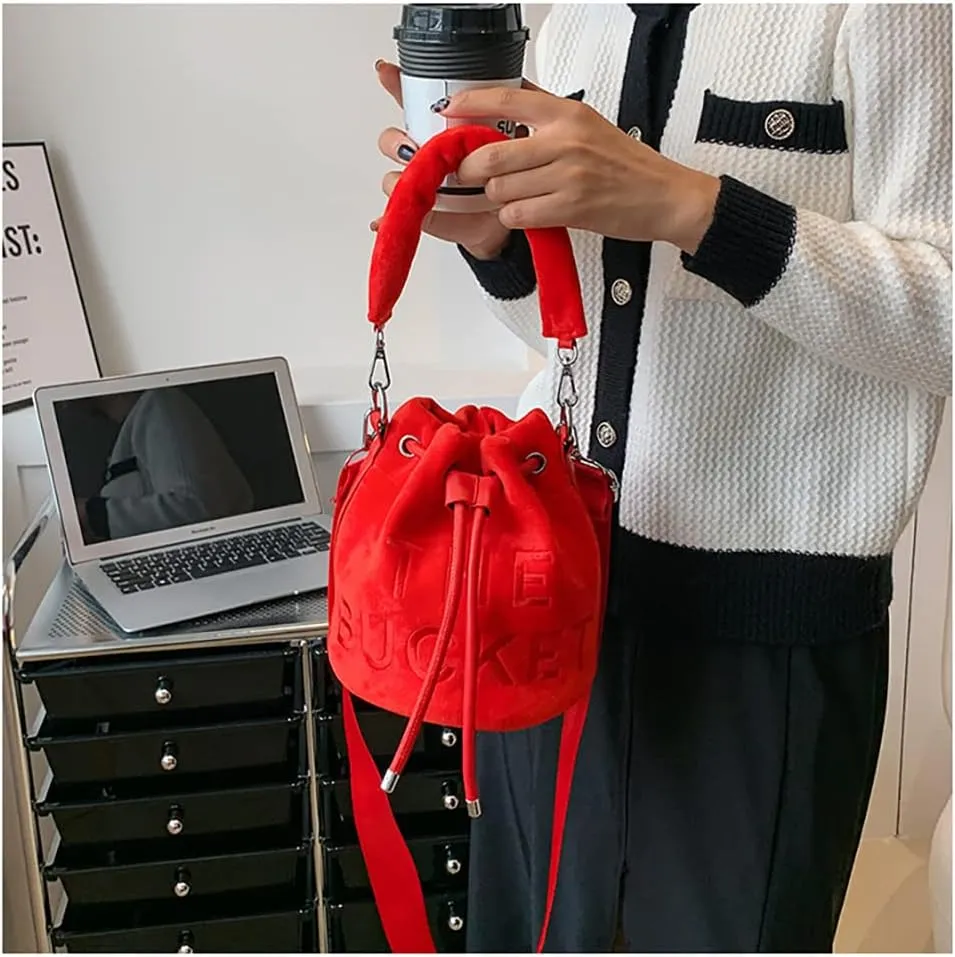 The Bucket Bag for Women, Embroidered Plush Crossbody Bag for GirlsBucket Bag PursesBlack Bucket Bag Drawstring Handbag