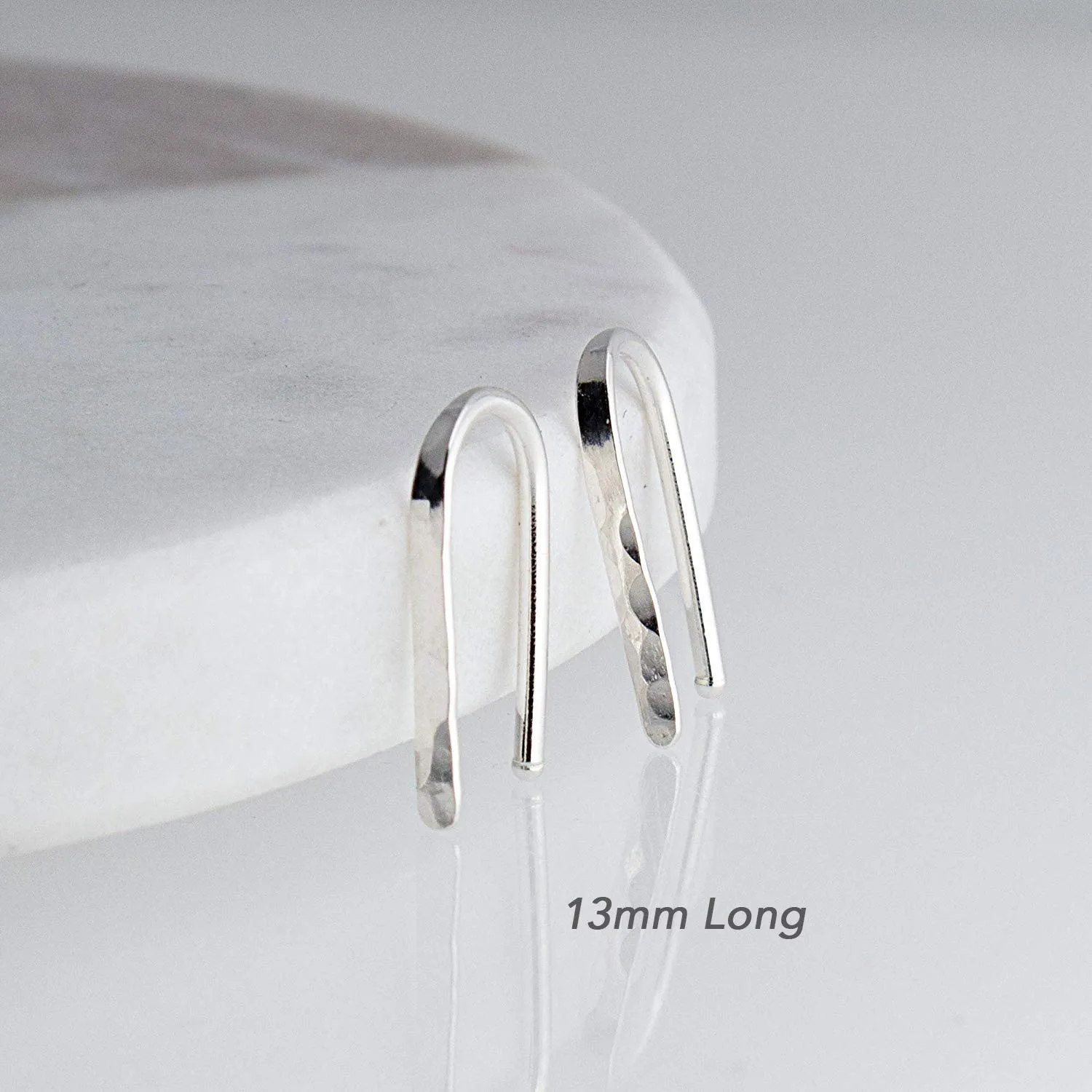 Threader Drop 13mm Arc Minimalist Huggie Hoop Piercing Earrings Horseshoe Wishbone Hoops (Sterling Silver 925/18 gauge/Flattened Hammered)