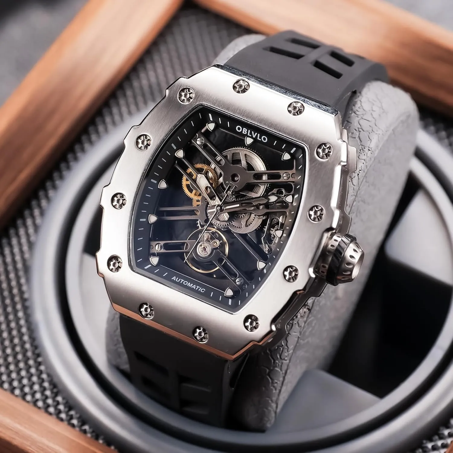 Top Luxury Brand Rose Gold Tonneau Mechanical Watch Designer Hollow-Out Self-Winding Automatic Rubber Watches for Men XM-XSK