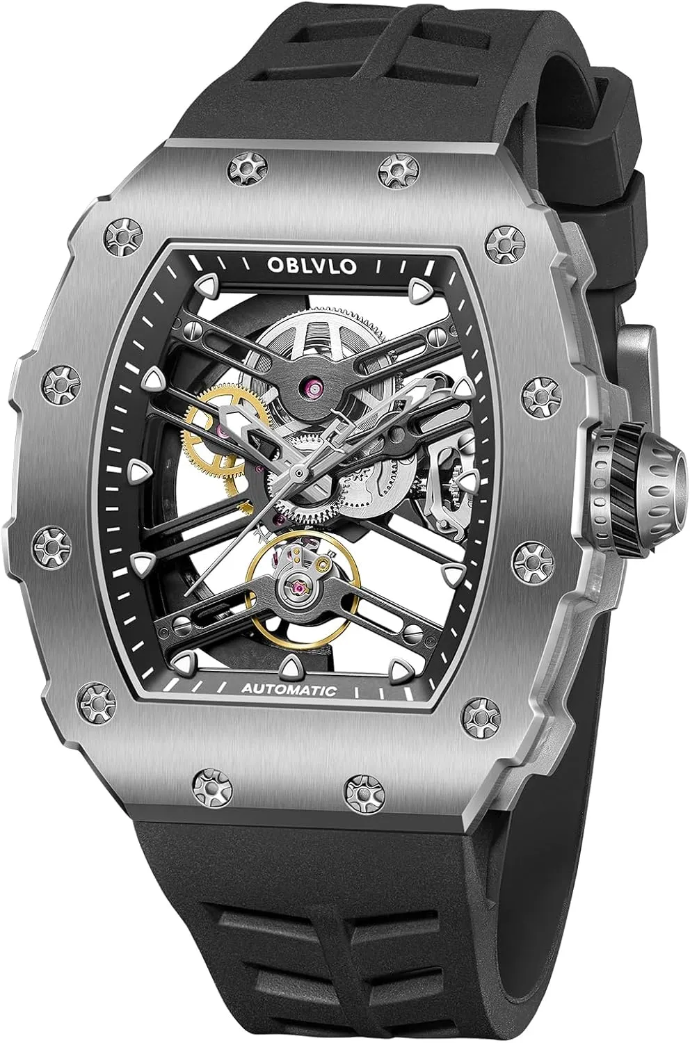 Top Luxury Brand Rose Gold Tonneau Mechanical Watch Designer Hollow-Out Self-Winding Automatic Rubber Watches for Men XM-XSK