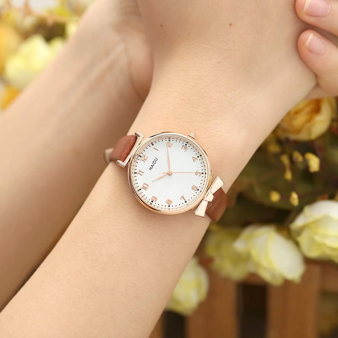 Top Plaza Womens Ladies Classic Simple Leather Analog Quartz Wrist Watch Rose Gold Case Arabic Numerals Casual Dress Watches
