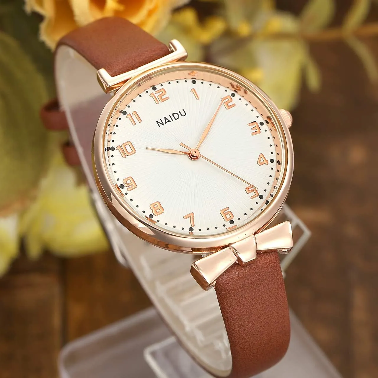 Top Plaza Womens Ladies Classic Simple Leather Analog Quartz Wrist Watch Rose Gold Case Arabic Numerals Casual Dress Watches