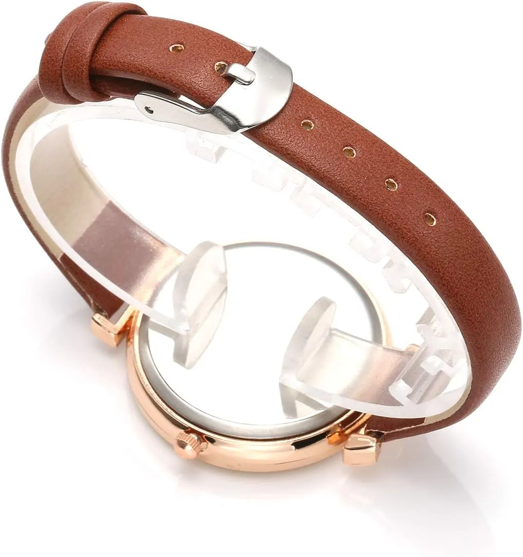 Top Plaza Womens Ladies Classic Simple Leather Analog Quartz Wrist Watch Rose Gold Case Arabic Numerals Casual Dress Watches