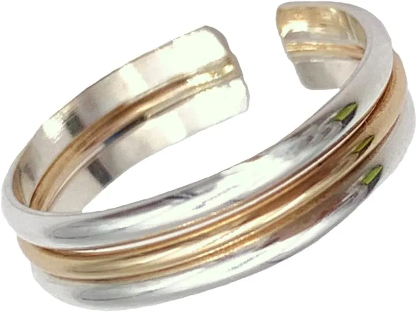 Triple Stack Mixed Metal Toe Ring | Sterling Silver and 14K Gold Fill Adjustable for Men and Women | Three Bonded Bands | Unisex One Size Fits Most