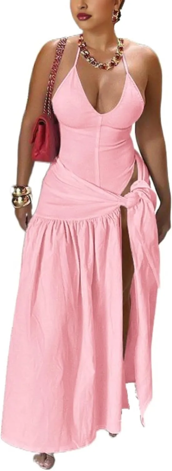 Two Piece Skirt Set Women Sexy Halter Backless Bodysuit and Wrap Tied High Split Summer Maxi Skirt Set