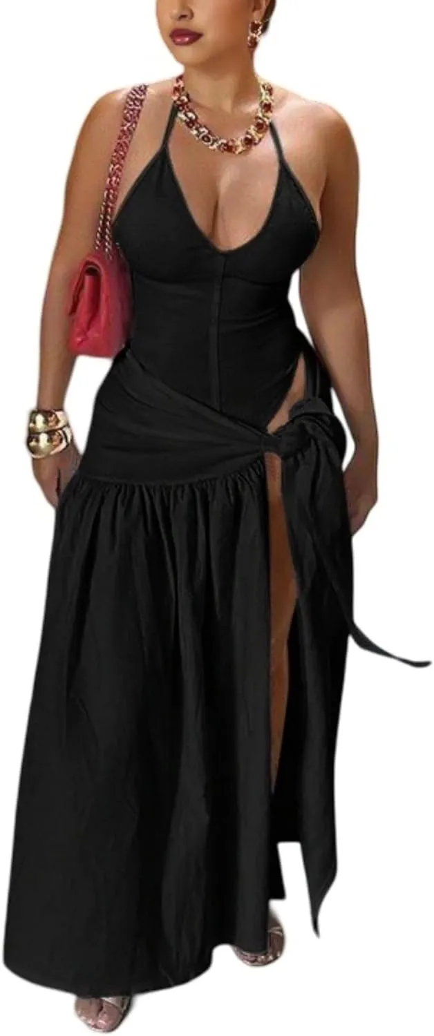 Two Piece Skirt Set Women Sexy Halter Backless Bodysuit and Wrap Tied High Split Summer Maxi Skirt Set