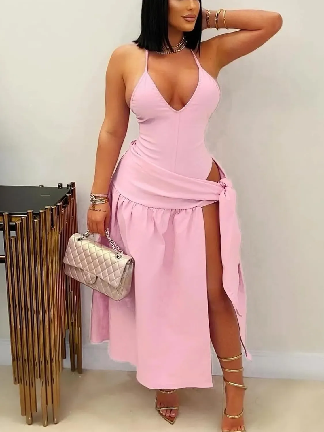 Two Piece Skirt Set Women Sexy Halter Backless Bodysuit and Wrap Tied High Split Summer Maxi Skirt Set