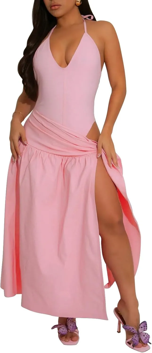 Two Piece Skirt Set Women Sexy Halter Backless Bodysuit and Wrap Tied High Split Summer Maxi Skirt Set