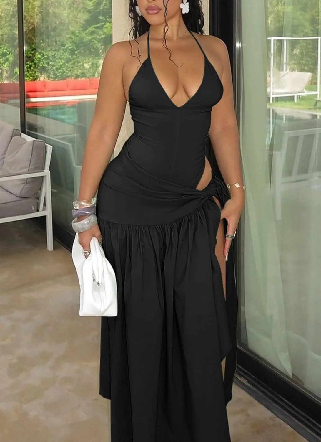 Two Piece Skirt Set Women Sexy Halter Backless Bodysuit and Wrap Tied High Split Summer Maxi Skirt Set
