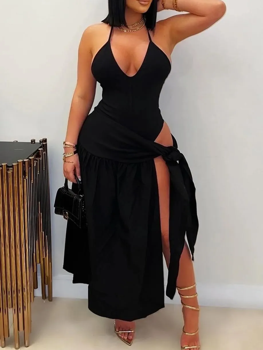 Two Piece Skirt Set Women Sexy Halter Backless Bodysuit and Wrap Tied High Split Summer Maxi Skirt Set