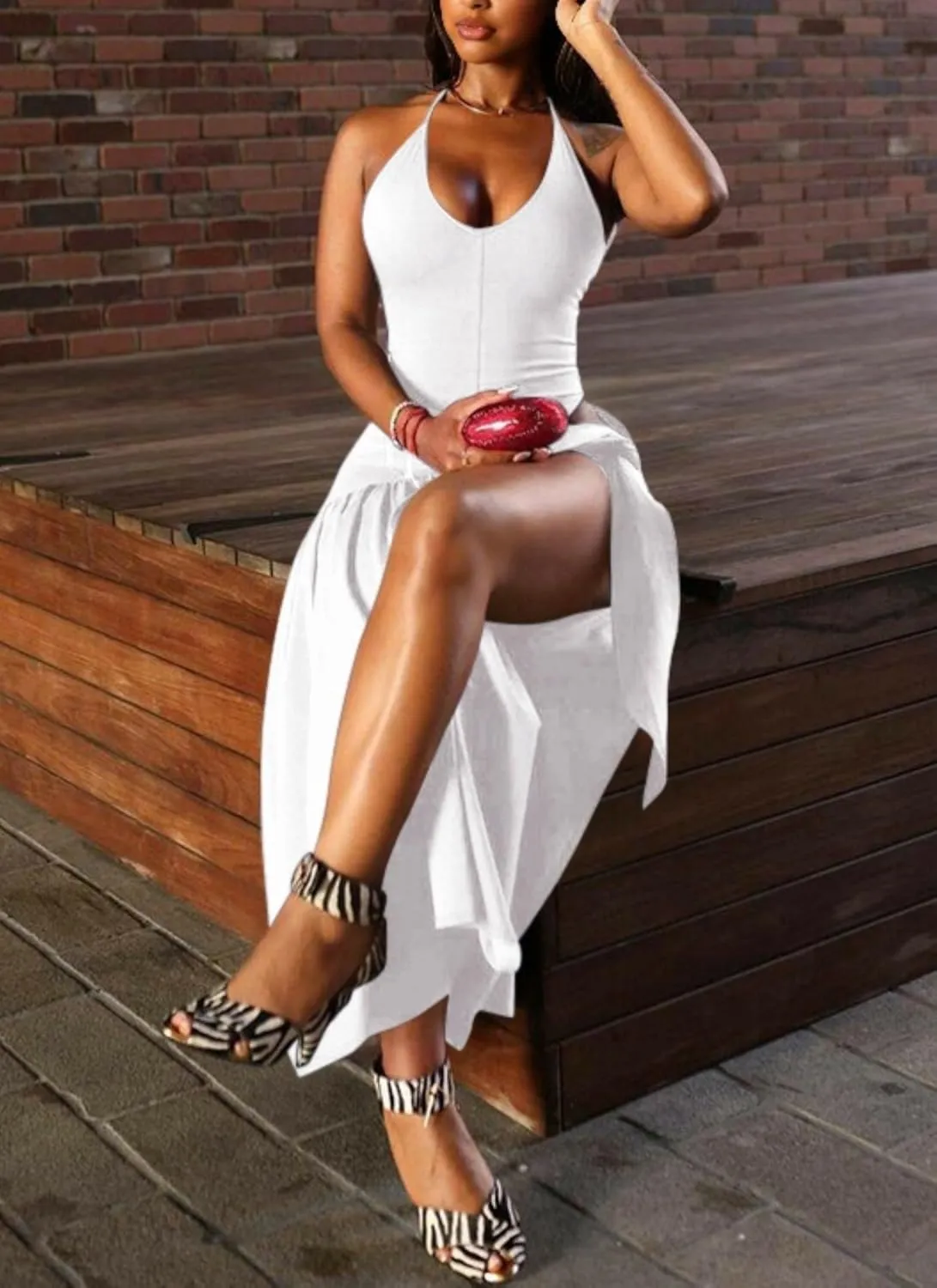 Two Piece Skirt Set Women Sexy Halter Backless Bodysuit and Wrap Tied High Split Summer Maxi Skirt Set