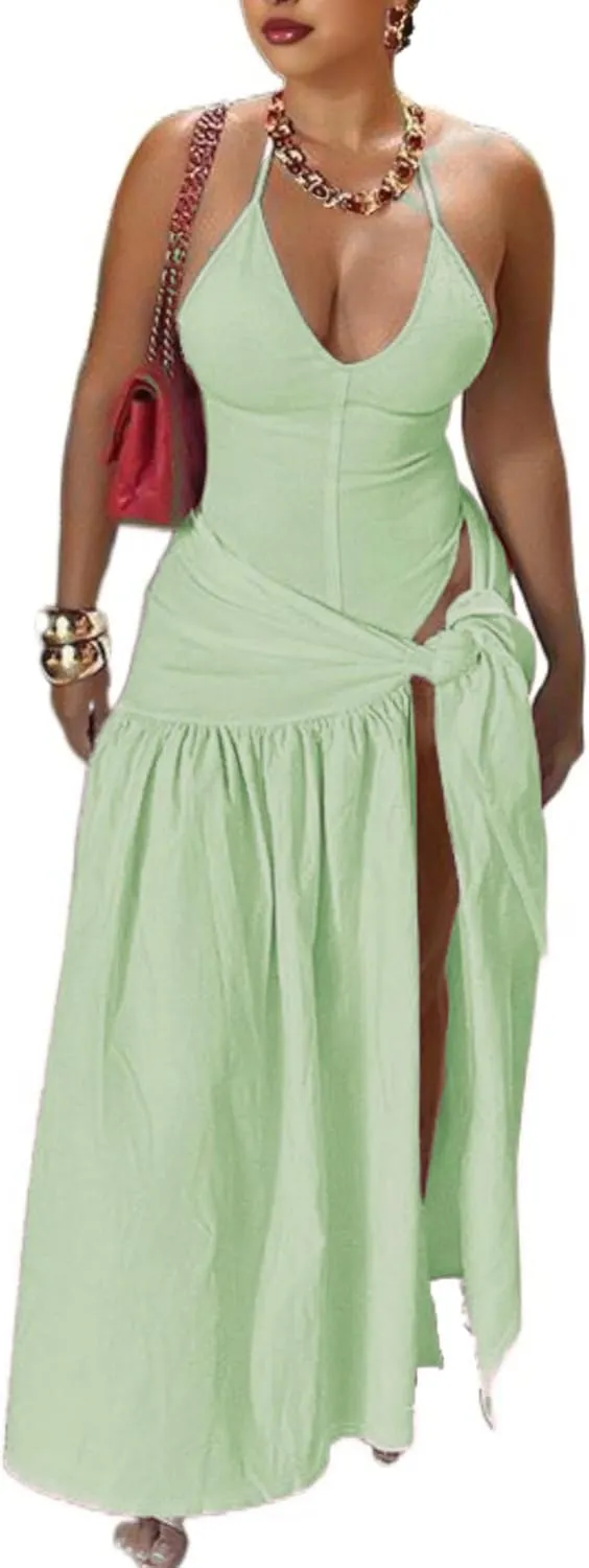 Two Piece Skirt Set Women Sexy Halter Backless Bodysuit and Wrap Tied High Split Summer Maxi Skirt Set