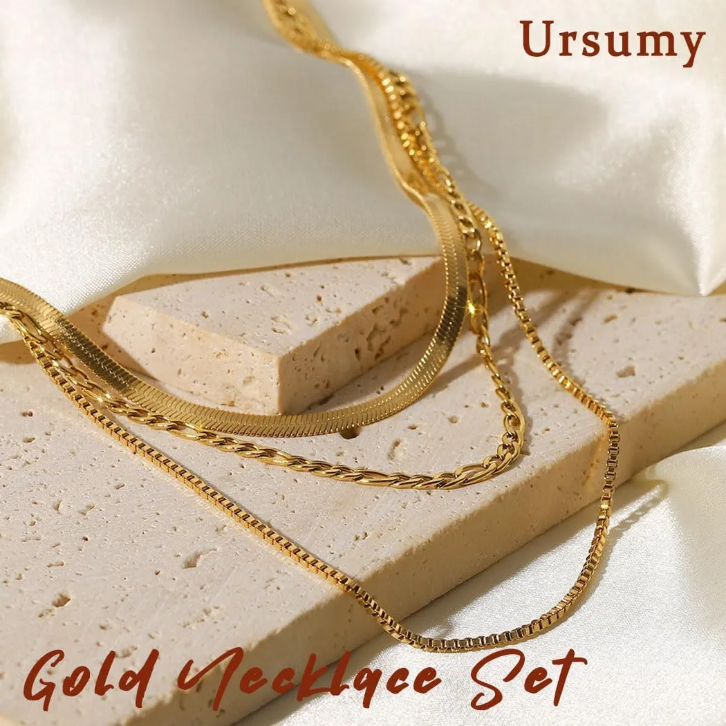 Ursumy Layered Gold Necklaces for Women Dainty Gold Necklace Herringbone Pearl Necklace Womens Simple Jewelry