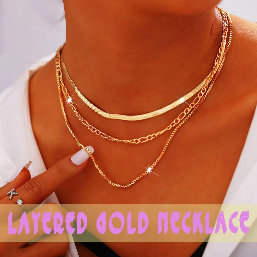 Ursumy Layered Gold Necklaces for Women Dainty Gold Necklace Herringbone Pearl Necklace Womens Simple Jewelry