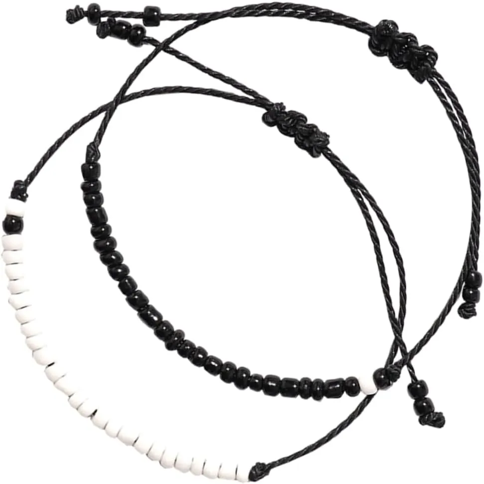 VANZACK Black White Millet Beads Bracelet Braided Friendship Bracelet 2-pack for Couples Length for Daily Wear