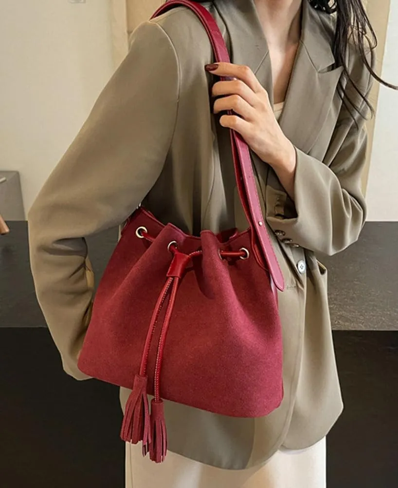 Vegan Leather Retro Bucket Bags Purses Hobo and PU Shoulder Handbags Drawstring with Adjustable Straps 2024